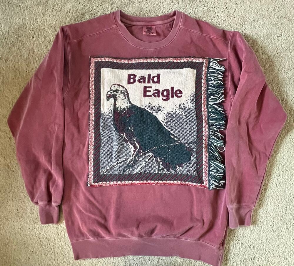 Bald eagle tapestry sweatshirt, w fringe, upcycled, crewneck,  MED